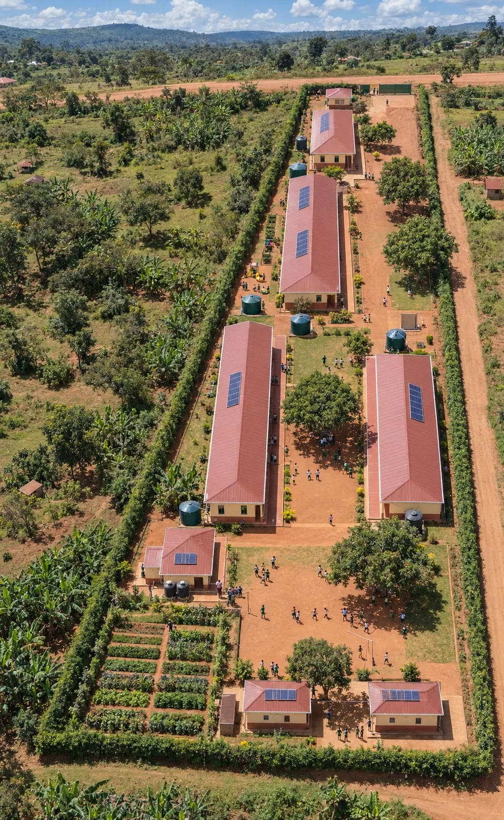 Architectural visualization: aerial view of the planned Mercy & Grace campus, with classroom blocks, gardens, and a play yard inside a hedge boundary